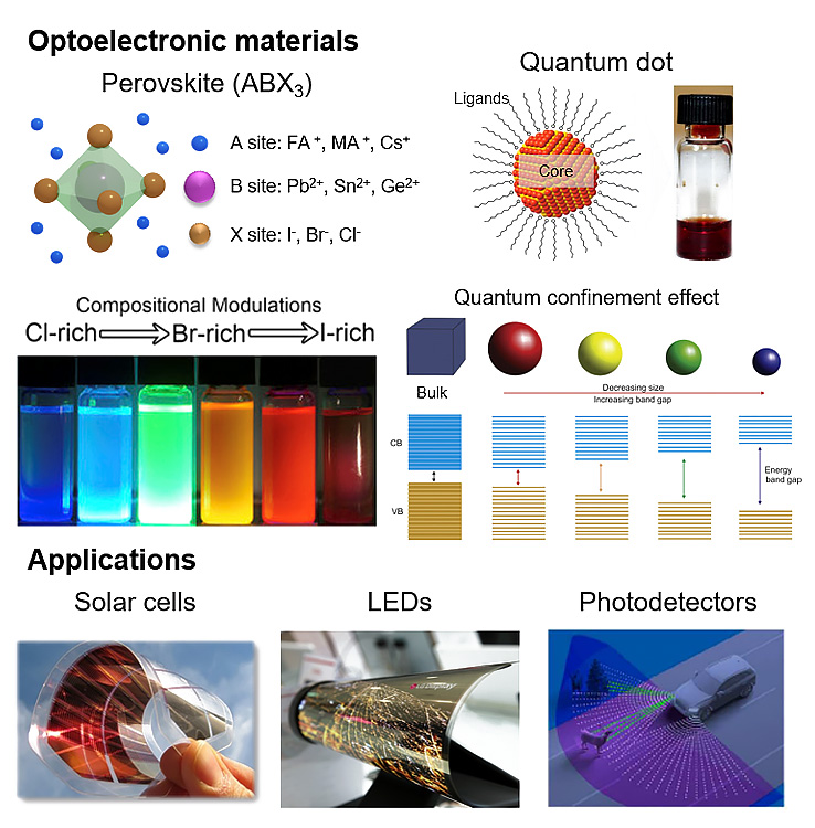 Optoelectronic materials Perovskite (ABX3) A site : Fa+, MA+, CS+ B site : Pb2+, Sn2+, Ge2+ X site: I-, Br-, Cl- Quantum dot Ligands Core Compositional Modulation Cl-rich => Br-rich => I-rich Quantum confinemnet effect Bulk Applications Solar cells LEDs Photodetectors